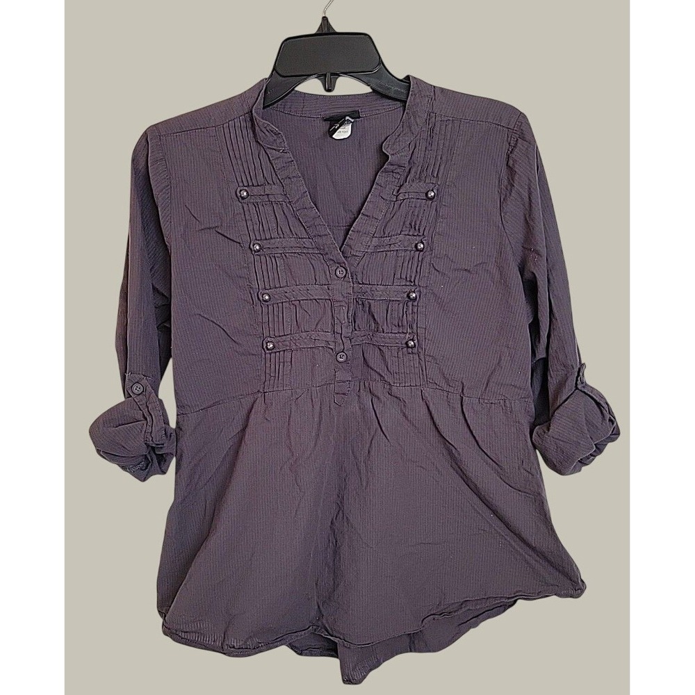Torrid Blouse Military Boho Pintuck Roll Tab Sleeve Peasant Top Dark Purple 00